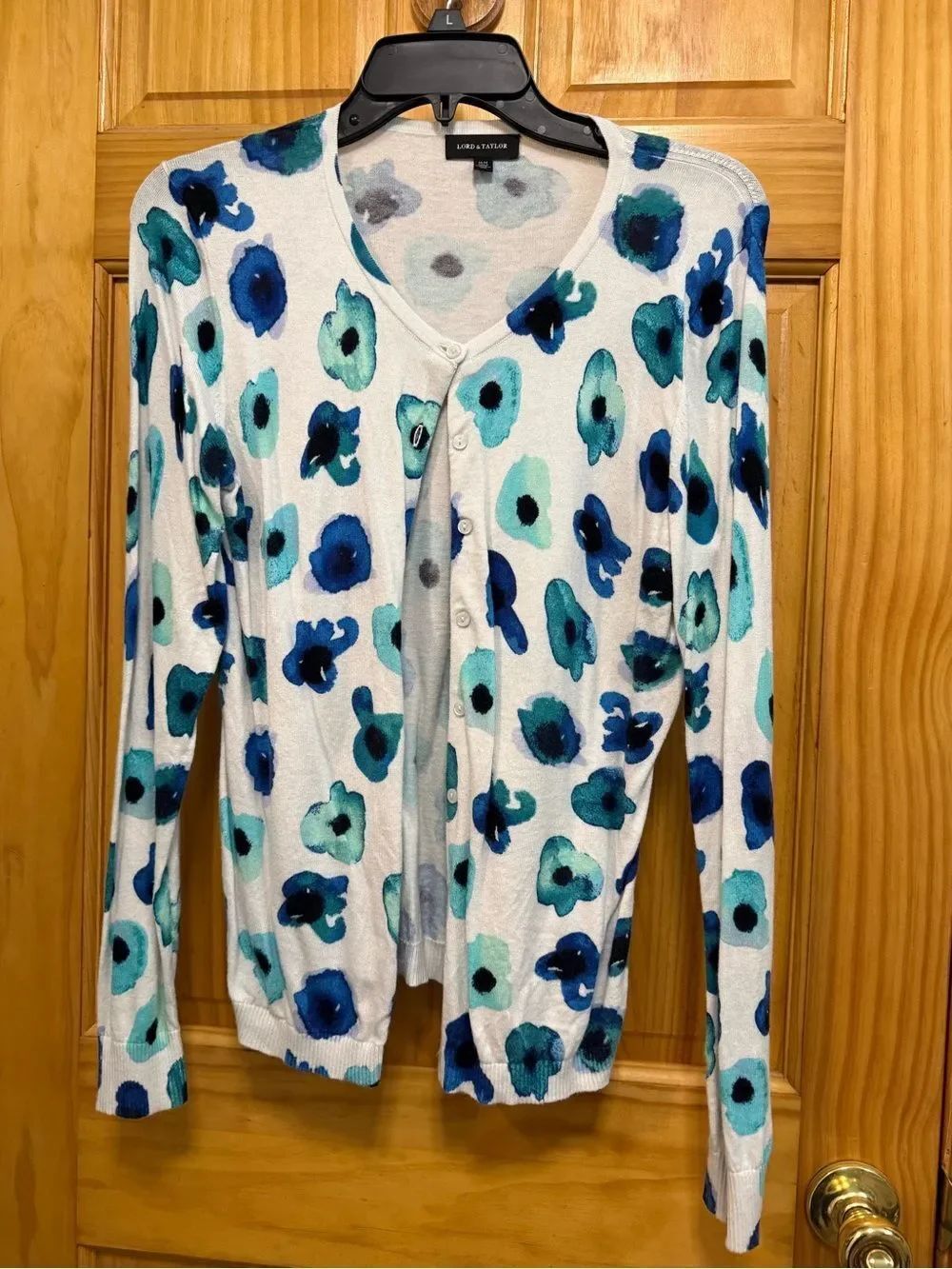 Lord & Taylor White and Blue floral  watercolor Cardigan Sweater size M